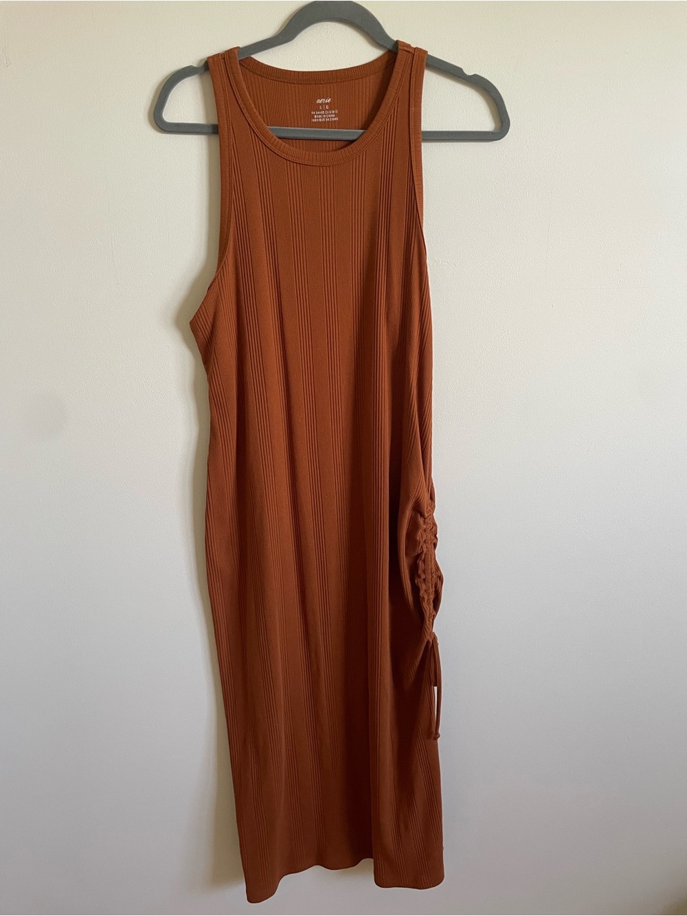 Aerie Brown Ribbed Ruched Side Midi Dress Size Large
